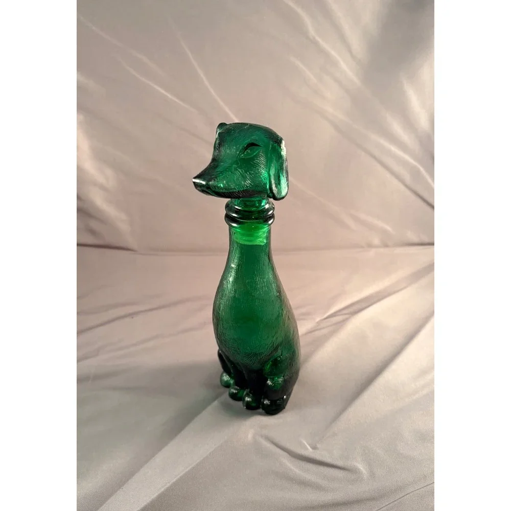Vintage Emerald Green Glass Dachshund Dog Decanter Figural Bottle Textured 9.5in